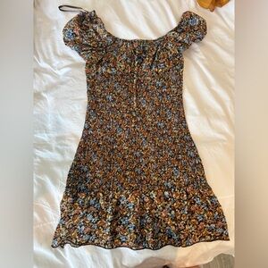 Floral Smocked Off-Shoulder Midi Dress - Brown & Blue